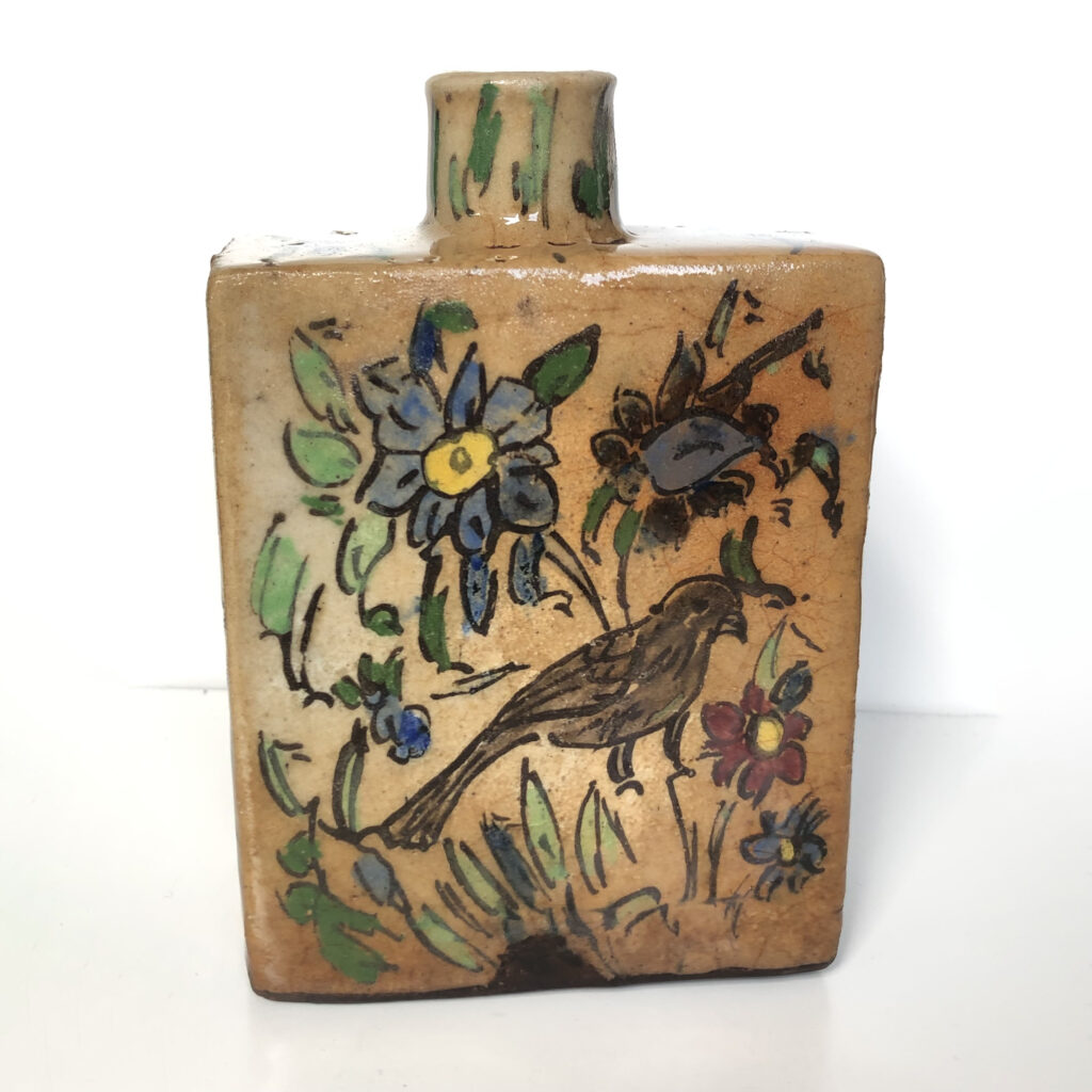 Antique Persian Qajar Pottery Flask – 19th Century Iznik Polychrome Ceramic - full product wide