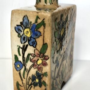 Antique Persian Qajar Pottery Flask – 19th Century Iznik Polychrome Ceramic - side view