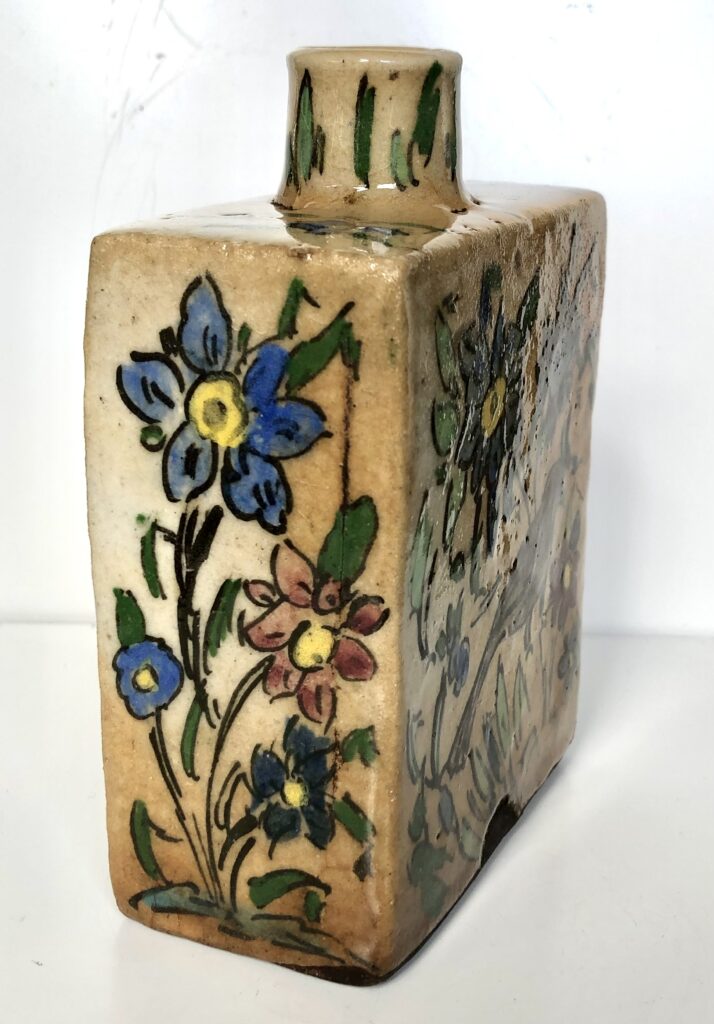 Antique Persian Qajar Pottery Flask – 19th Century Iznik Polychrome Ceramic - side view