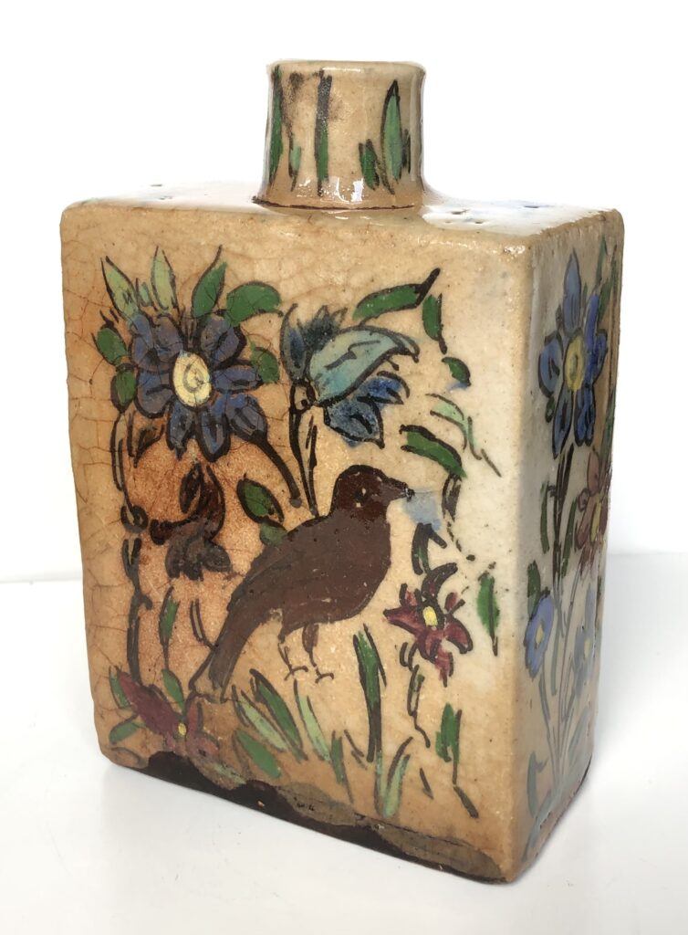 Antique Persian Qajar Pottery Flask – 19th Century Iznik Polychrome Ceramic - side view2