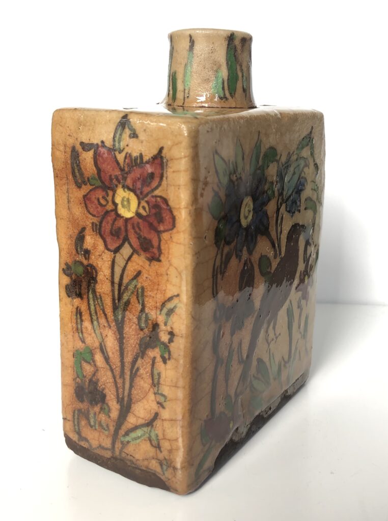 Antique Persian Qajar Pottery Flask – 19th Century Iznik Polychrome Ceramic - side view 4