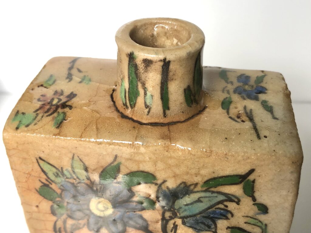 Antique Persian Qajar Pottery Flask – 19th Century Iznik Polychrome Ceramic - detail