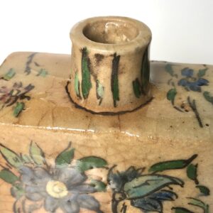 Antique Persian Qajar Pottery Flask – 19th Century Iznik Polychrome Ceramic - detail