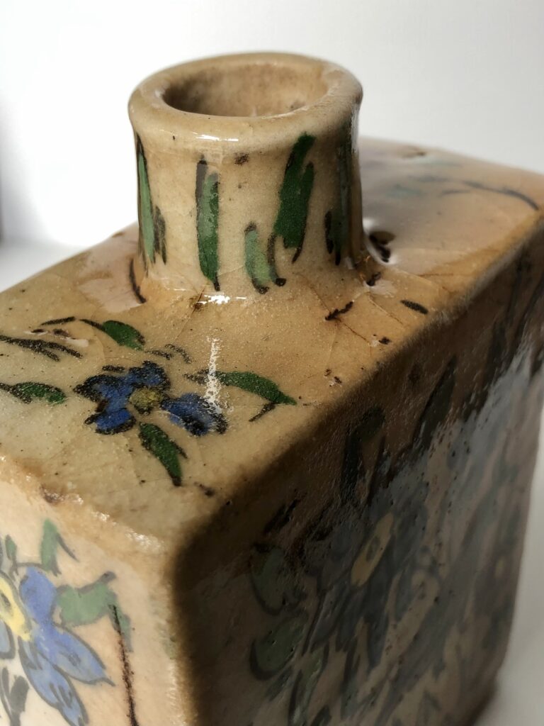 Antique Persian Qajar Pottery Flask – 19th Century Iznik Polychrome Ceramic - detail2