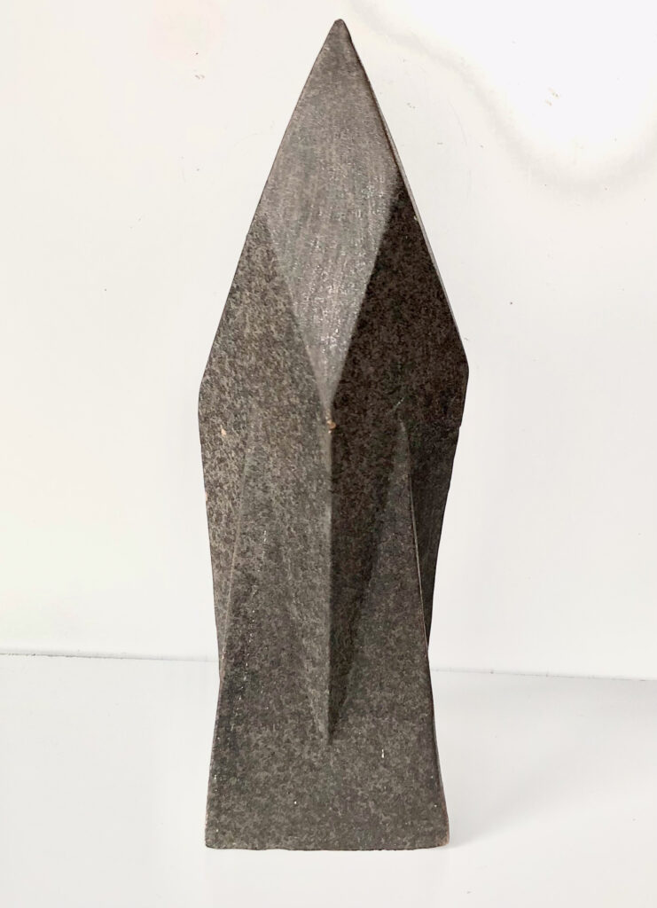 other view of HERLIV Brutalist ceramic monolith sculpture in the style of Jan van der Vaart, 30cm geometric stoneware totem with manganese oxide finish.