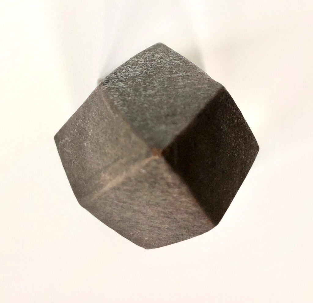 top view HERLIV Brutalist ceramic monolith sculpture in the style of Jan van der Vaart, 30cm geometric stoneware totem with manganese oxide finish.