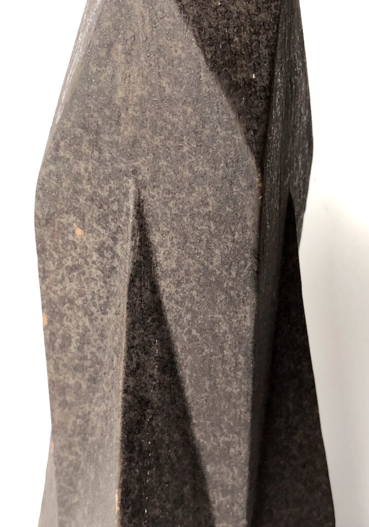 detailed view HERLIV Brutalist ceramic monolith sculpture in the style of Jan van der Vaart, 30cm geometric stoneware totem with manganese oxide finish.