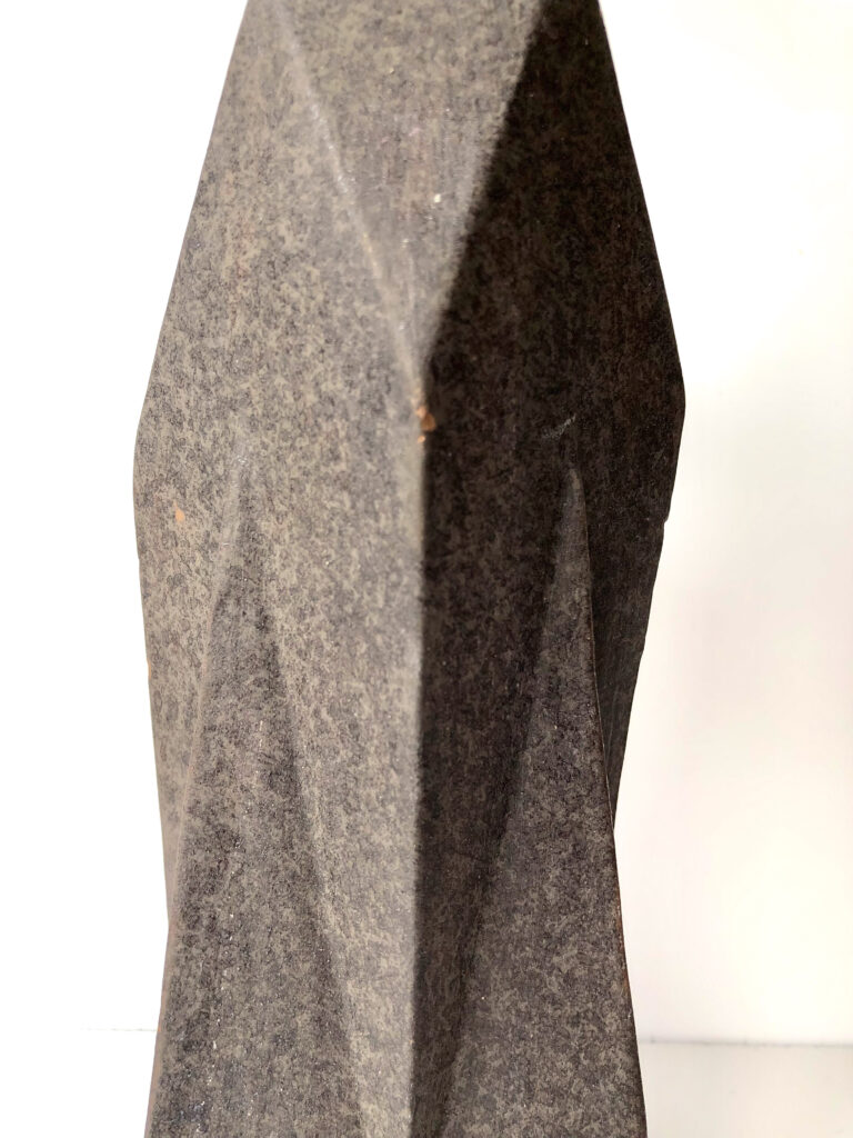 other side detailed view HERLIV Brutalist ceramic monolith sculpture in the style of Jan van der Vaart, 30cm geometric stoneware totem with manganese oxide finish.