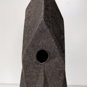 view with hole HERLIV Brutalist ceramic monolith sculpture in the style of Jan van der Vaart, 30cm geometric stoneware totem with manganese oxide finish.