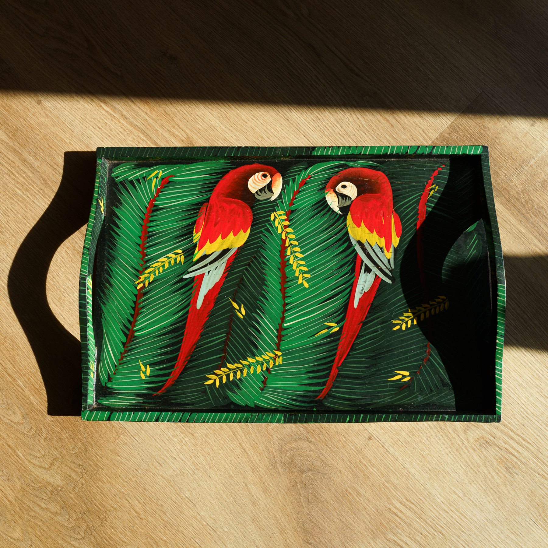 Hand-Painted Tropical Macaws Wooden Tray - top view