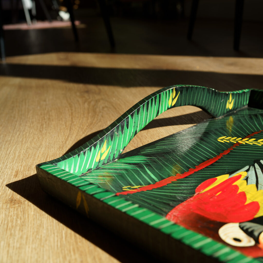 Hand-Painted Tropical Macaws Wooden Tray - detailed handle view 2