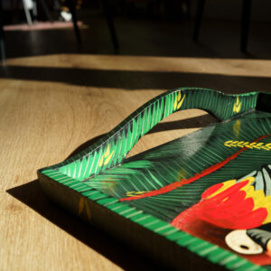 Hand-Painted Tropical Macaws Wooden Tray - detailed handle view 2