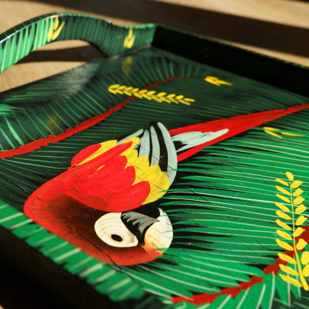 Hand-Painted Tropical Macaws Wooden Tray - 45cm - handbeschilderd houten dienblad met ara's (foto 10)